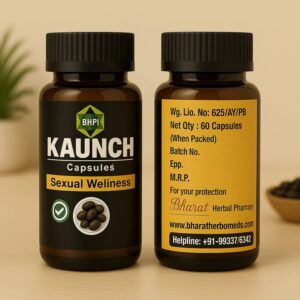 Bharat Kaunch Capsules sexual wellness supplement, showing two bottles in a pack, with a focus on natural Ayurvedic support for male vitality.